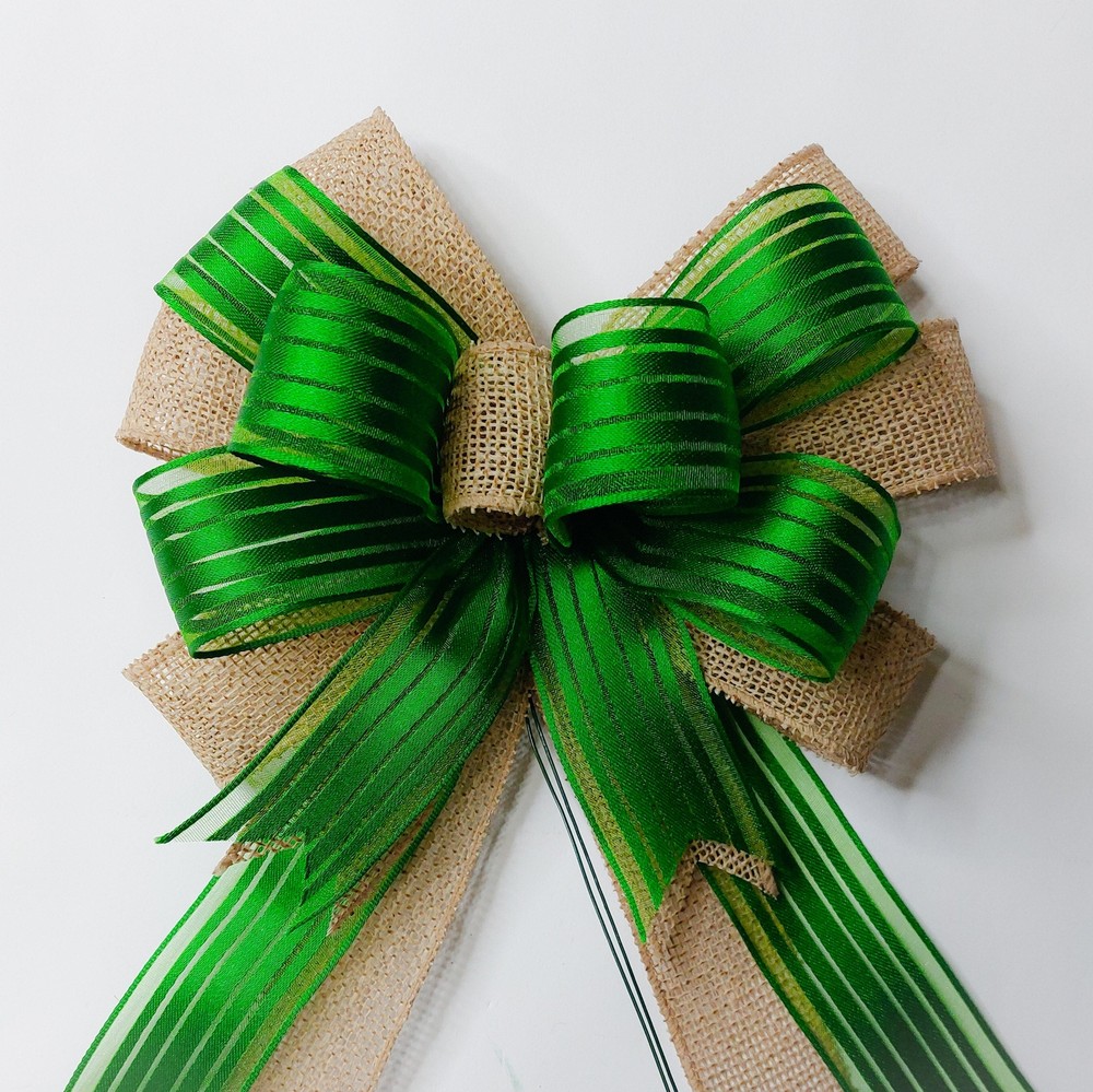St Patrick's Day Bow, Green Satin Stripe, Burlap
