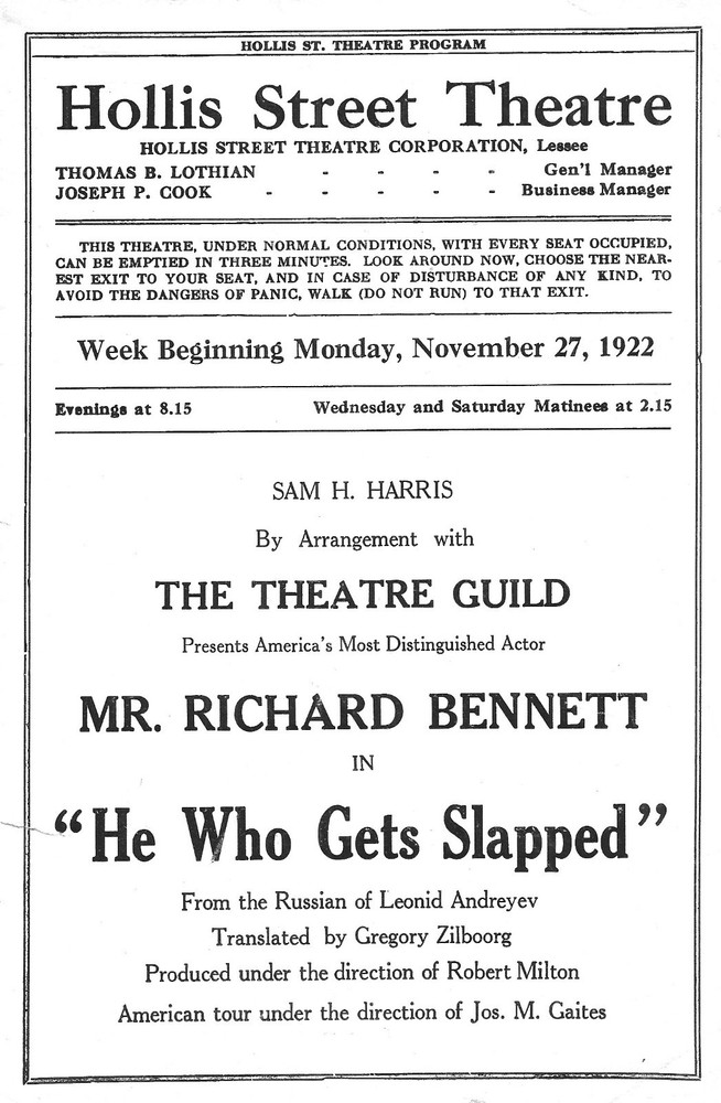 Richard Bennett "HE WHO GETS SLAPPED" Leonid Andreyev 1922 Boston Program