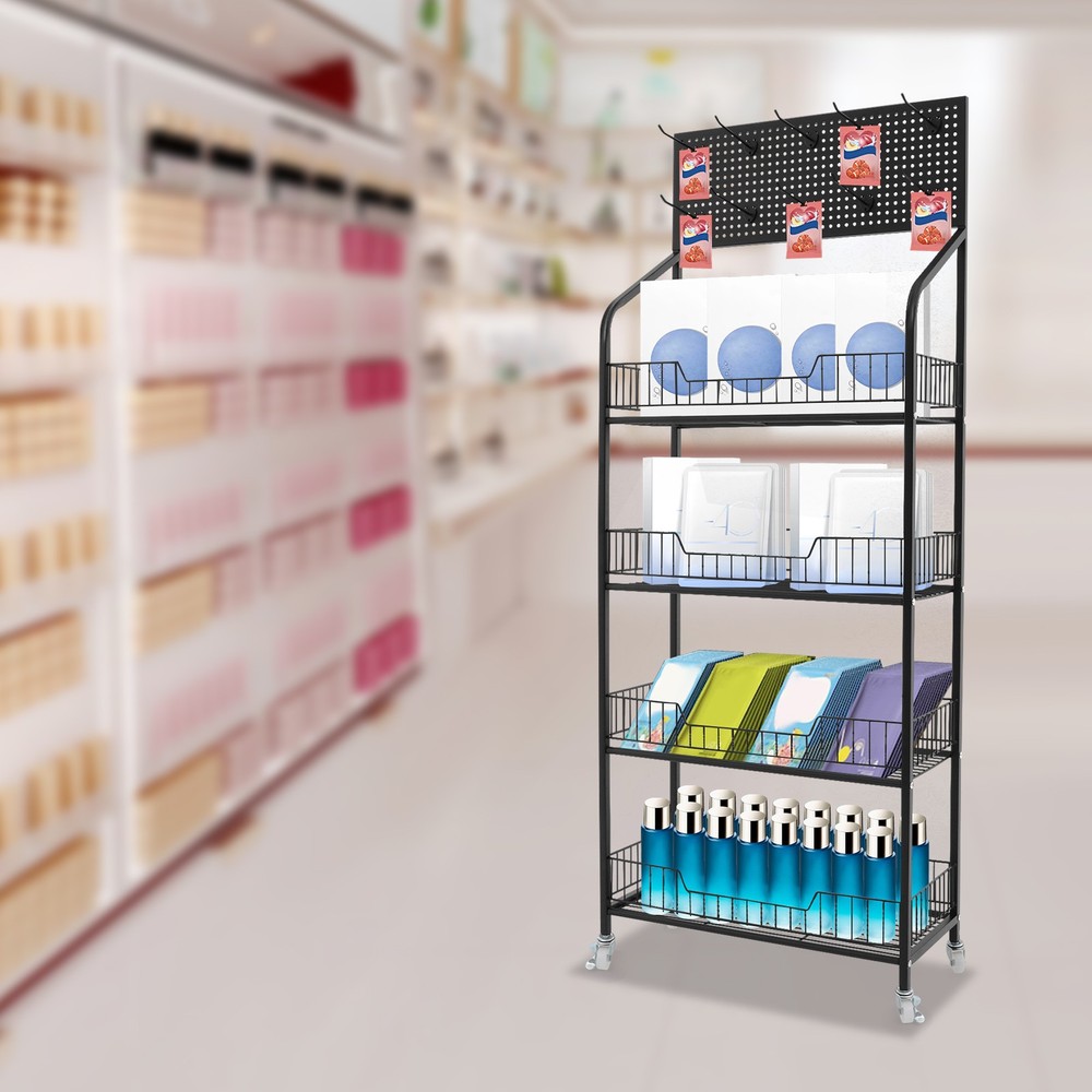 Rolling Retail Display Rack 4 Tier Black Store Merchandise Shelf Unit