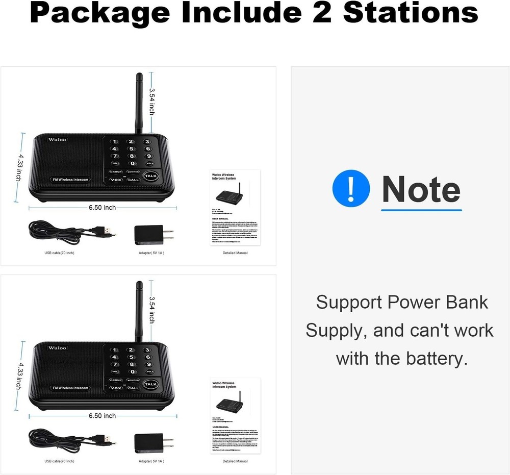 Advanced 10-Channel Wireless Intercom - 5280 Feet Range, 2 Packs Included