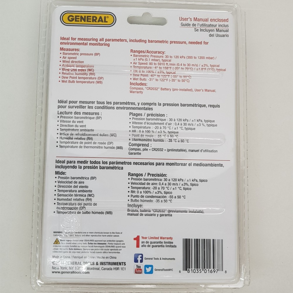 General Tools DAF3012M Environment Anemometer 9-in1 Pressure Speed Wind w/Memory