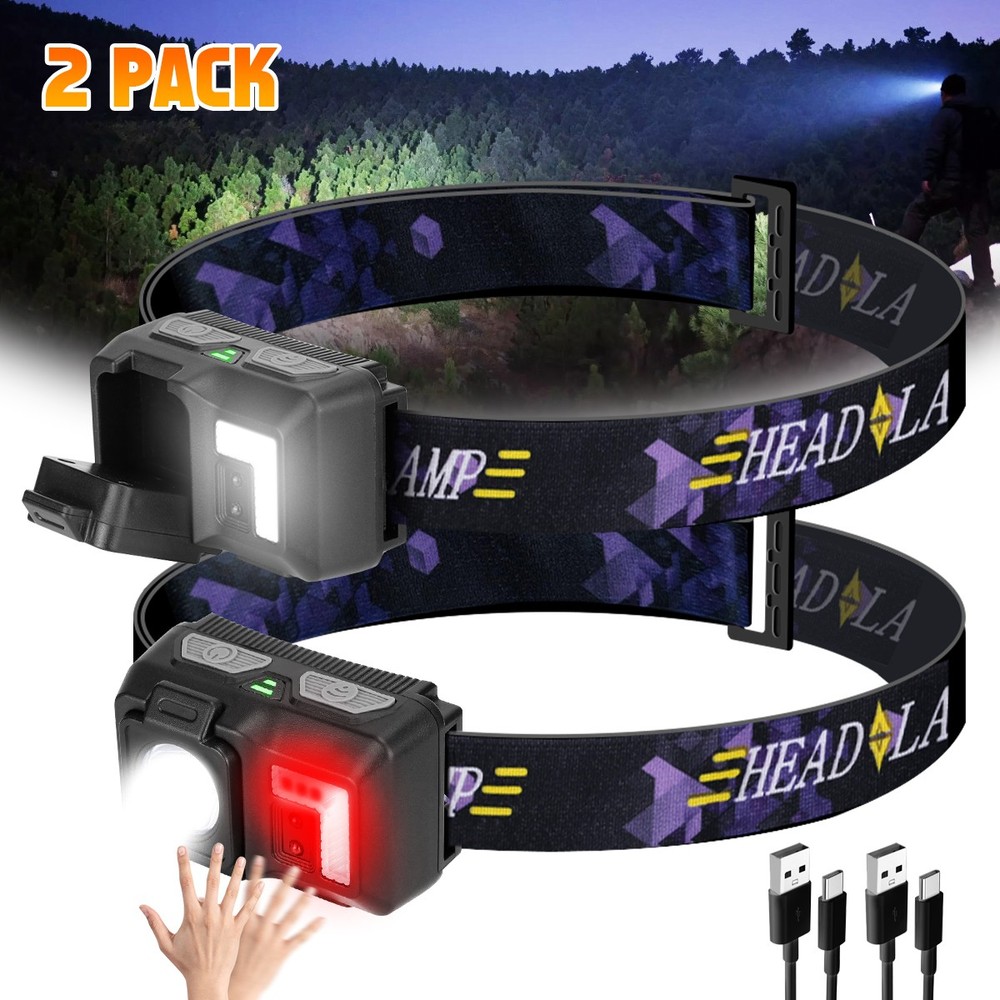 2x Super Bright LED Headlamp Rechargeable Motion Sensor COB Headlight Work Light