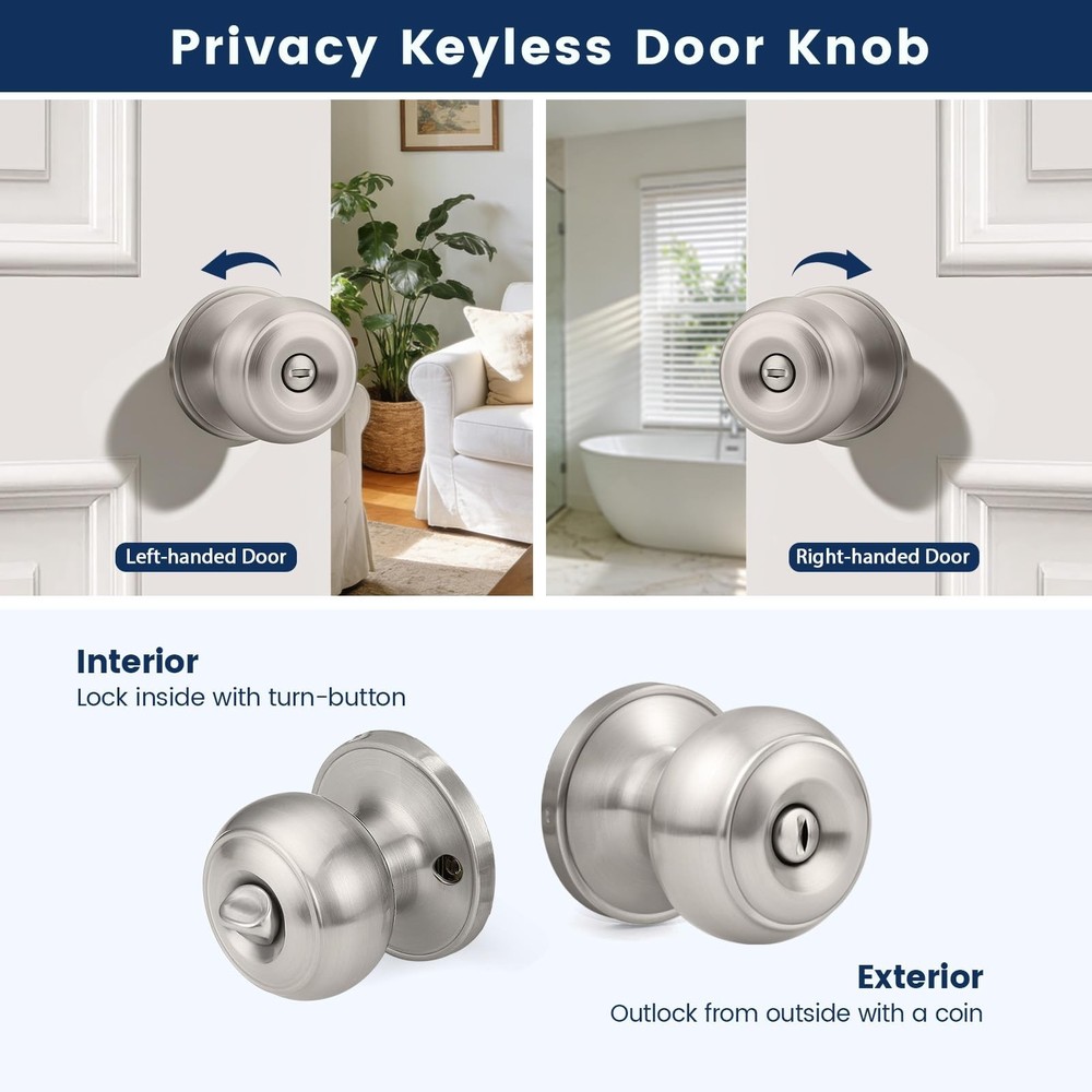 Orger 2 Pack Brushed Nickel Privacy Door Knobs Interior, Classic Round Shape ...