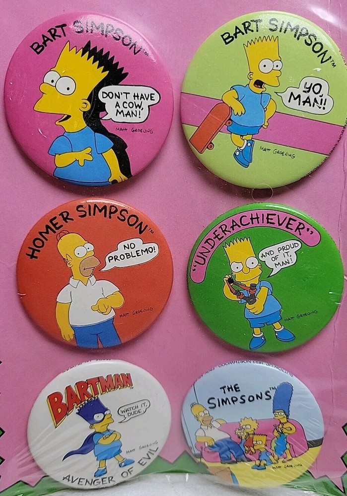 SIMPSONS 6 BUTTON PIN SET 1990 HOMER BART NEW SEALED VINTAGE Button Up