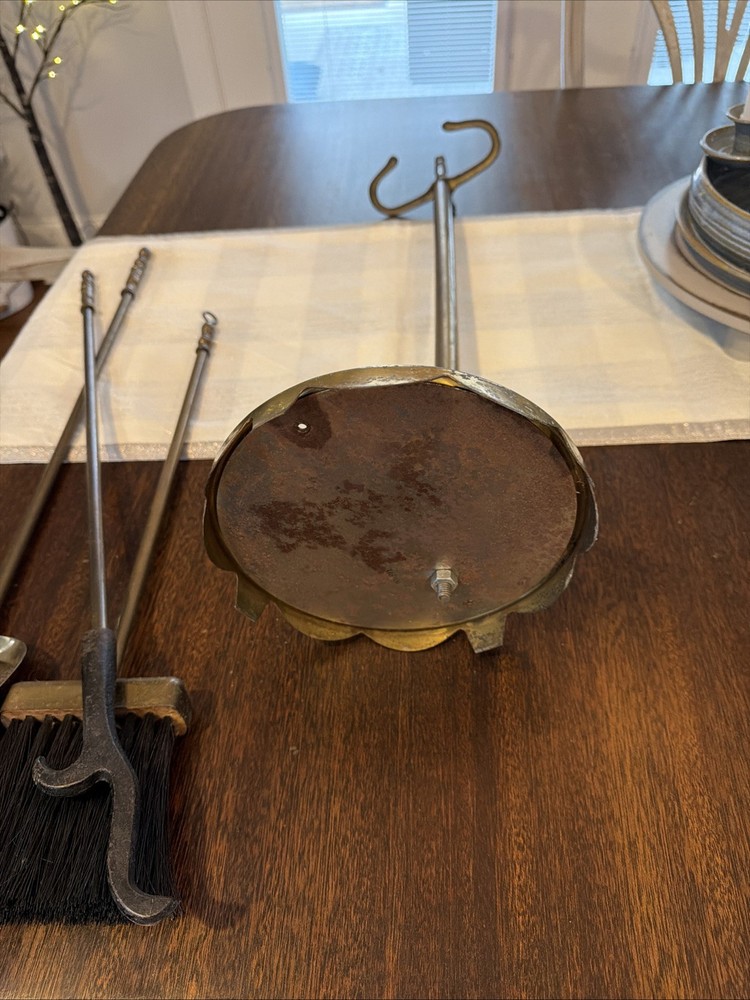 Vintage Solid Brass 4 Piece Fireplace Tool Set Stand, Sweeper, Poker & Shovel