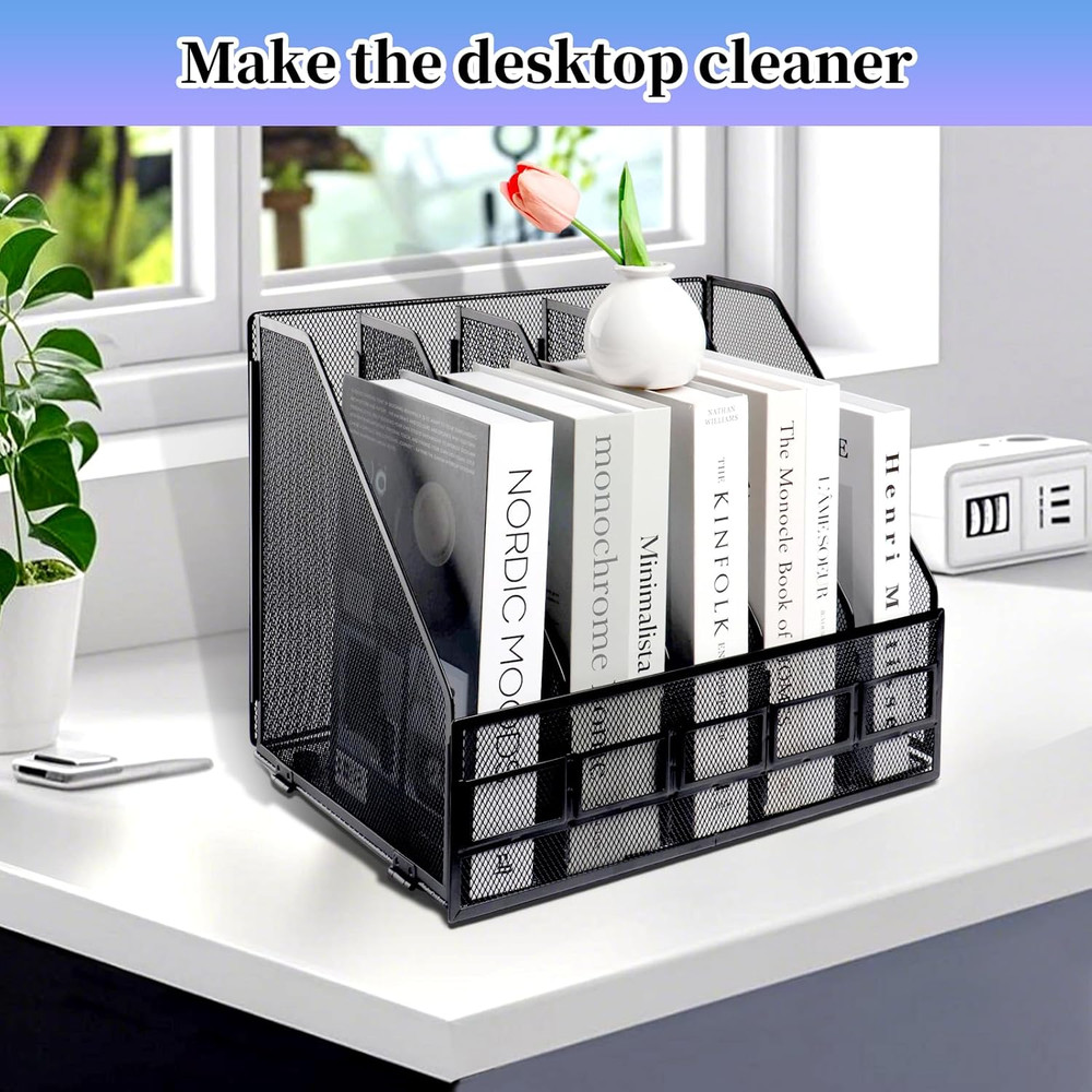 Metal Mesh File Holder, 5 Compartments Document Holder Office File Storage Rack,