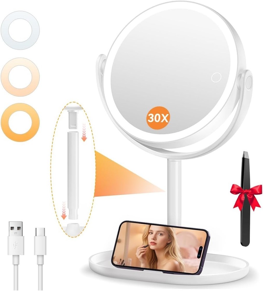 Makeup Mirror with Lights, Double Sided 30X/1X Magnifying Mirror with Light