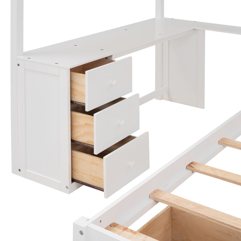 Twin Bunk Bed with Desk, Drawers & Bookcase, White Solid Wood Storage
