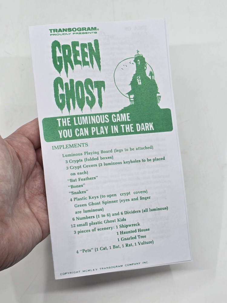 REPRODUCTION Replacement for VTG Green Ghost Game Instructions Printed