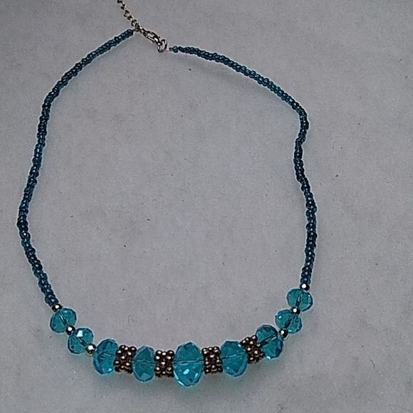 Blue graduated crystal seed bead necklace