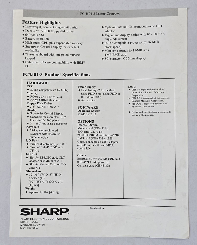 Sharp - PC-4501-3 Laptop Computer - Product Specifications Handout (1 Sheet)