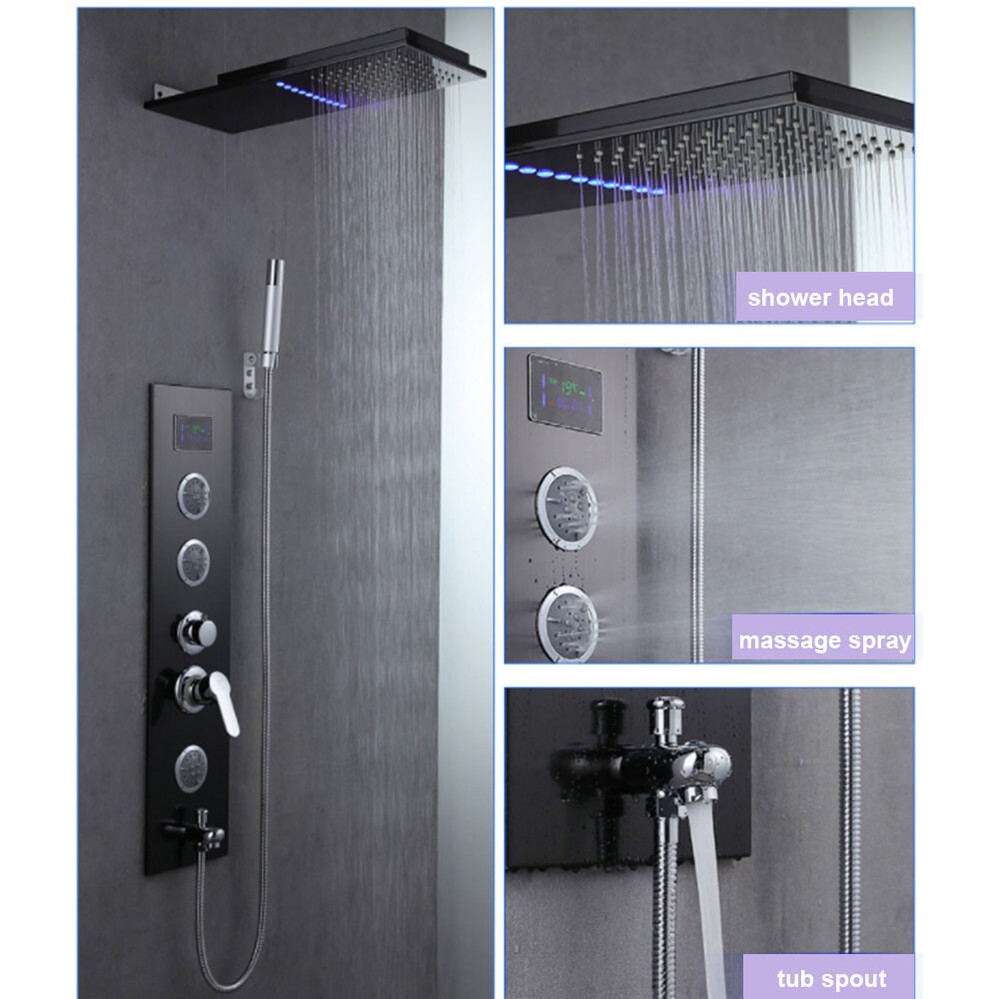 Massage LED Shower Panel System Black Digital Display 4-Way Mixing Valve Tap Set