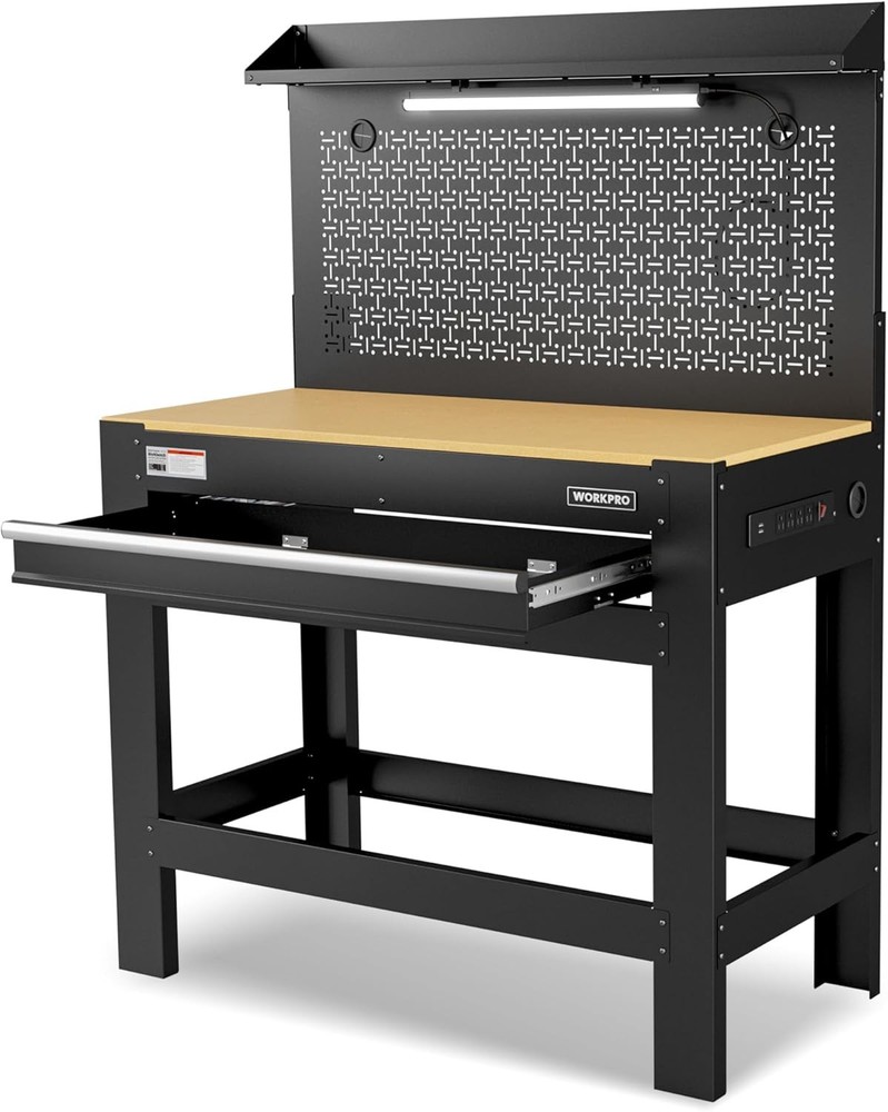 WORKPRO 45" Heavy-Duty Workbench with Pegboard Garage Workbench w/Storage 800LBS