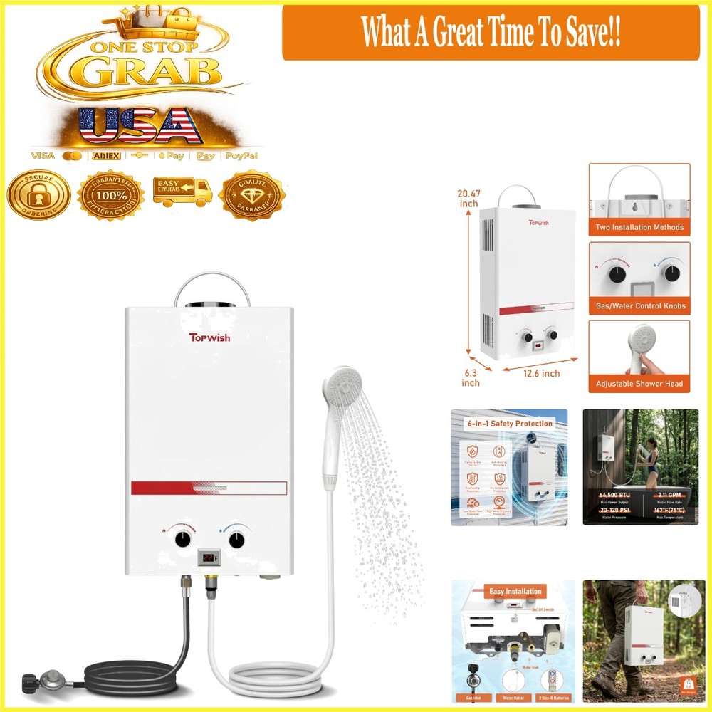 Portable Propane Tankless Water Heater 8L 2.11 GPM Outdoor RV Shower 54500 BTU