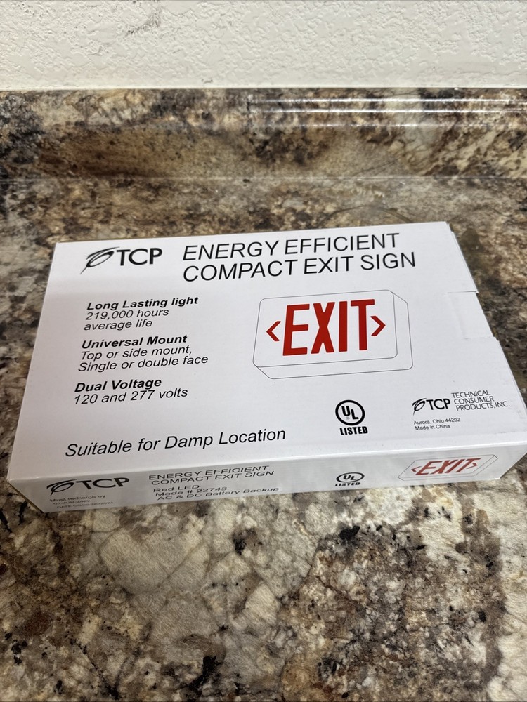 TCP Energy Efficient Compact Exit Sign Red LED 22743 Battery Backup