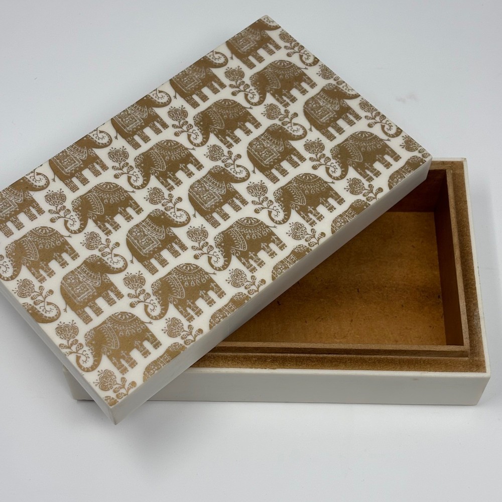 Decorative Storage Box Elephant Pattern White Gold Lid Organizer/ cigar box