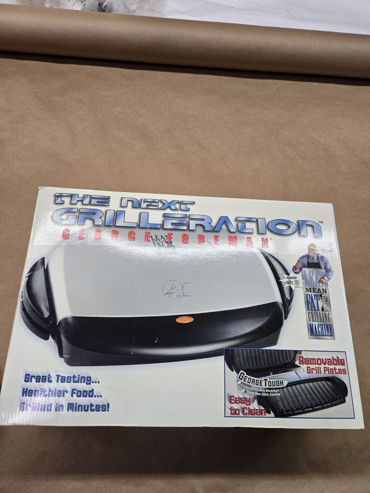 George Foreman Grill GRP4A, New In Open Box, Missing Plastic Spatula,Minor Crack