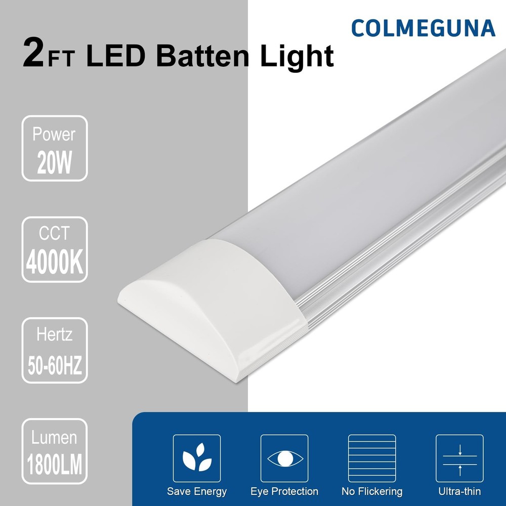 2 Packs 2FT LED Batten Light, Ultra-Thin Ceiling Surface Mounted Light, 20W, ...