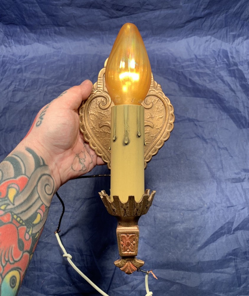 Pair antique candle sconces nice polychrome finish 13E