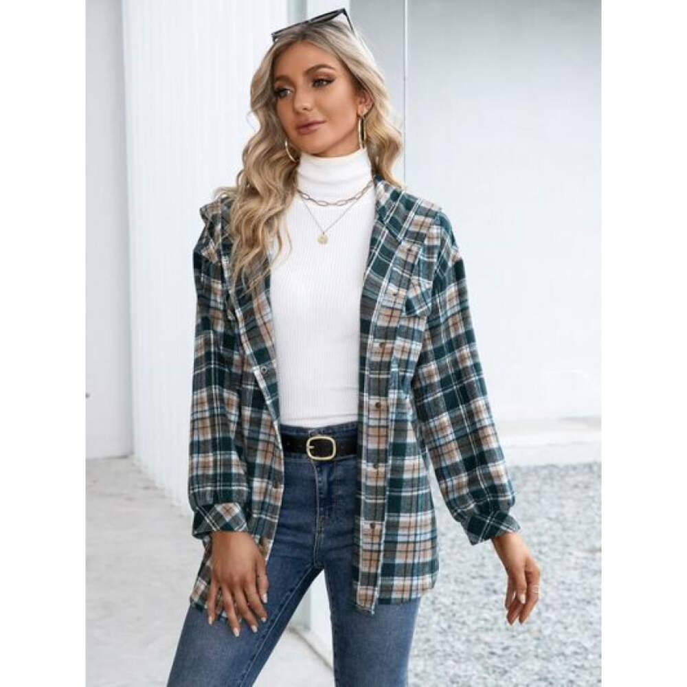 Plaid Snap Down Hooded Jacket