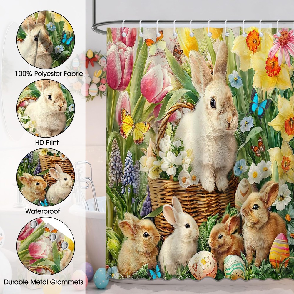 Easter Bunny Shower Curtain Spring Floral Easter Eggs Cute Rabbit Bathroom Sh