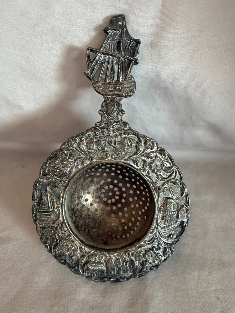 Dutch Ornate Silver Plated Tea Strainer Windmills Ships Etc