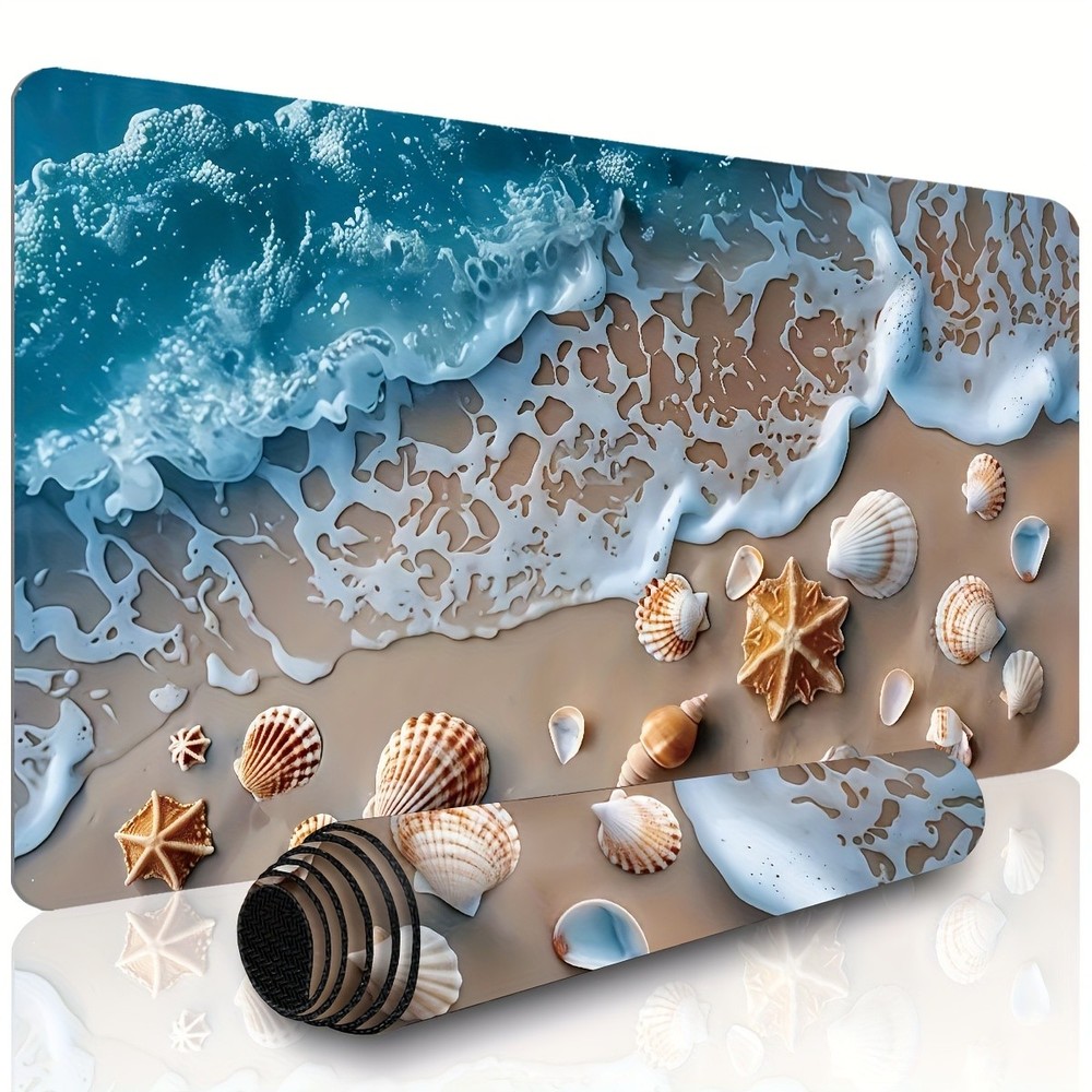 Serene Beach Desk Mat Ocean Wave & Shell Mouse Pad for Home Office & Study
