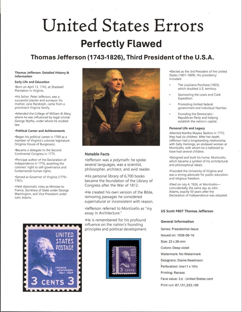 Perfectly Flawed SN 807 MNH - Misperf on Presentation Panel 8.5” X 11”