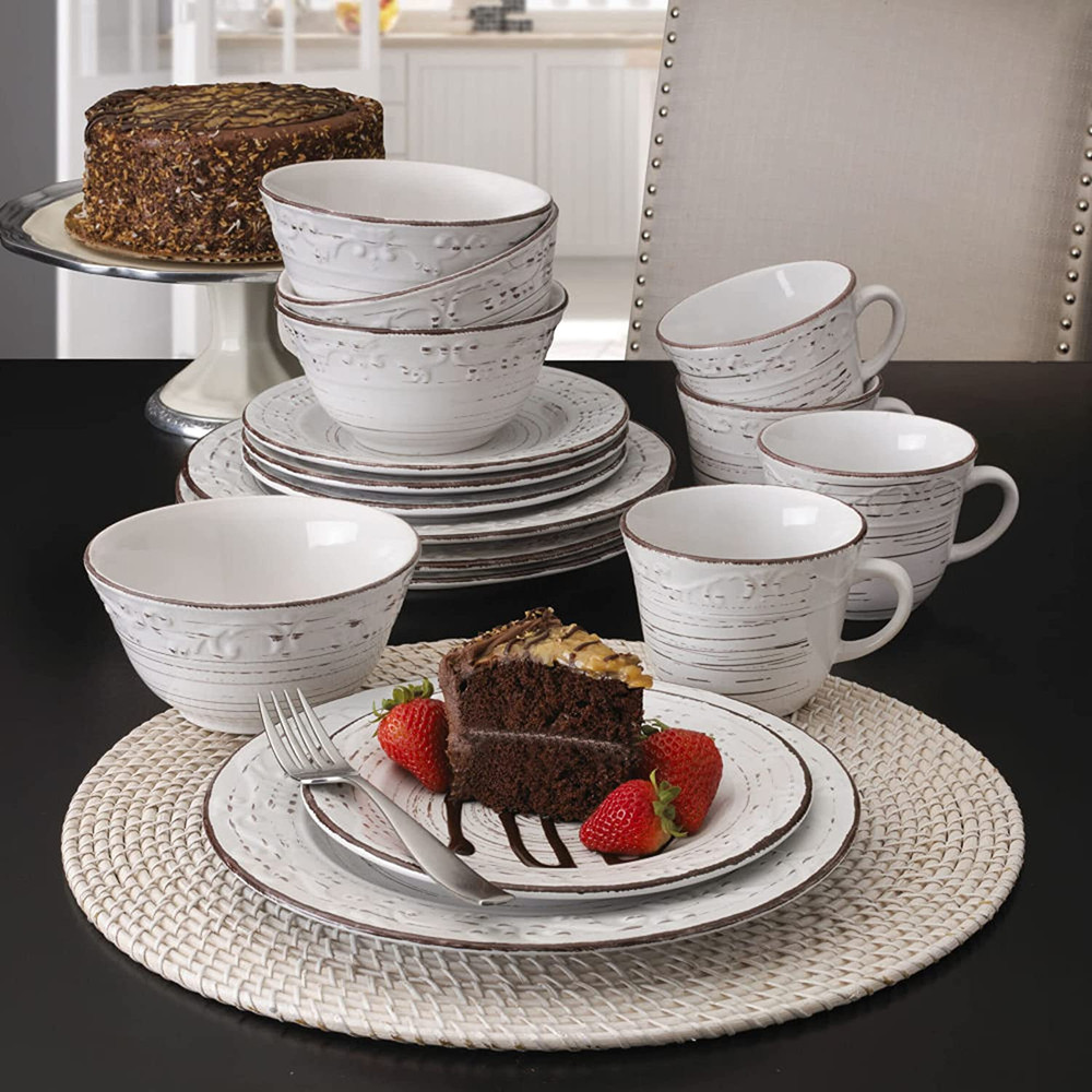 Trellis White 16-Piece Stoneware Dinnerware Set, Service for 4, Distressed White