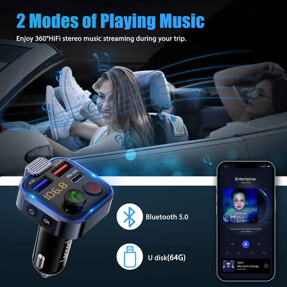 LENCENT Bluetooth 5.0 Car Wireless FM Transmitter Adapter 2 USB PD Charger