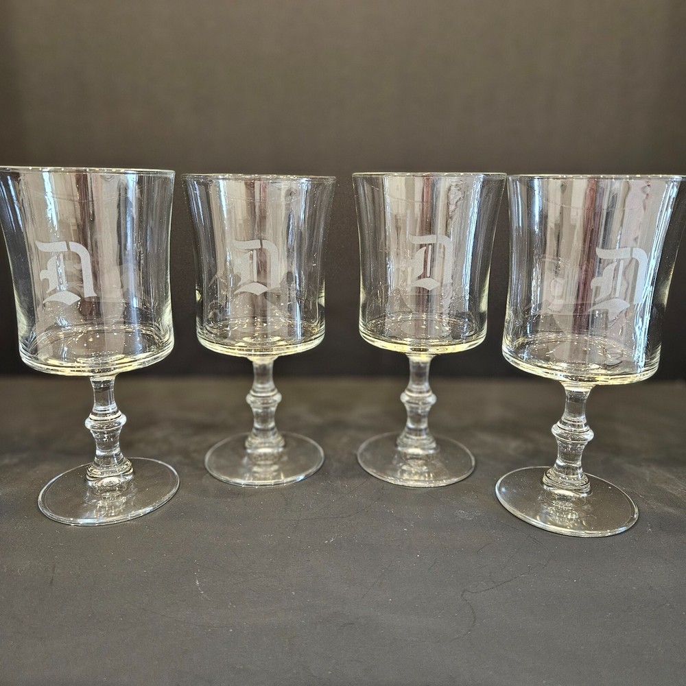 (4) Vintage Clear Glass Goblets with "D" Monogram  (#166)