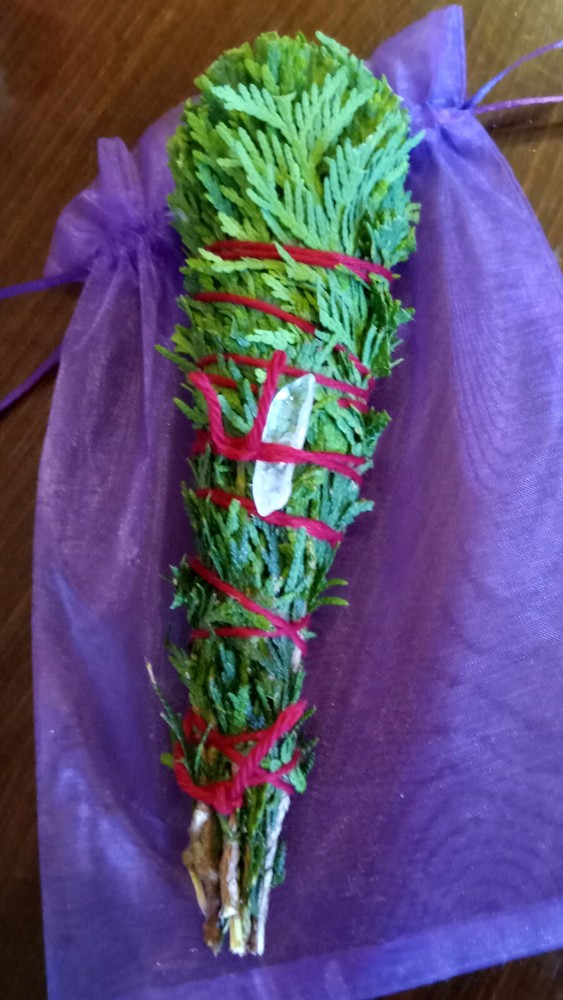 Fresh Egyptian Cedar Smudge Stick handmade Blessed, 6" + Quartz Crystal Magic