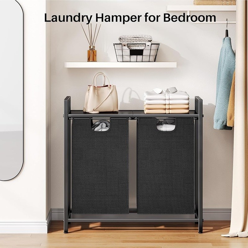 Dual Compartment Laundry Hamper W/ Pull Out Bags & Storage Shelf Organizer New