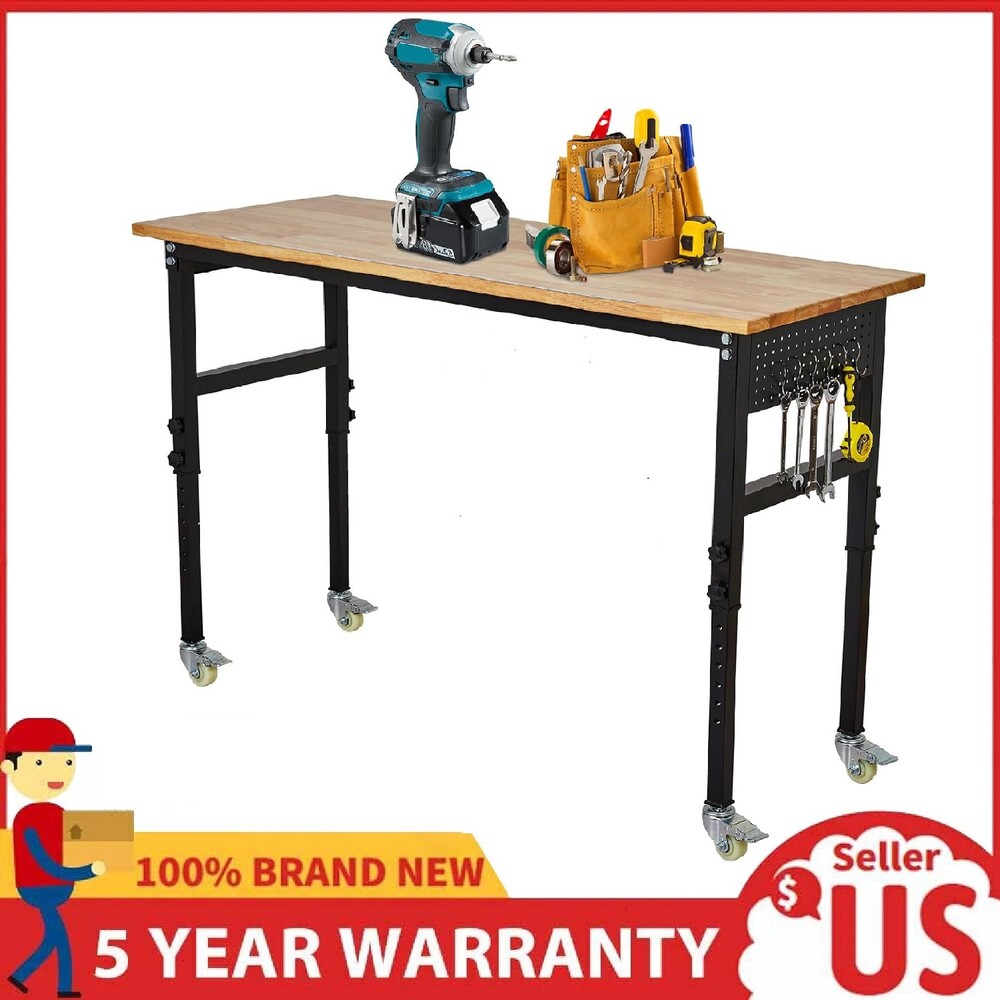 48" Adjustable Workbench with Wheels ,2000 Lbs Rubber Wood Work Table for Garage