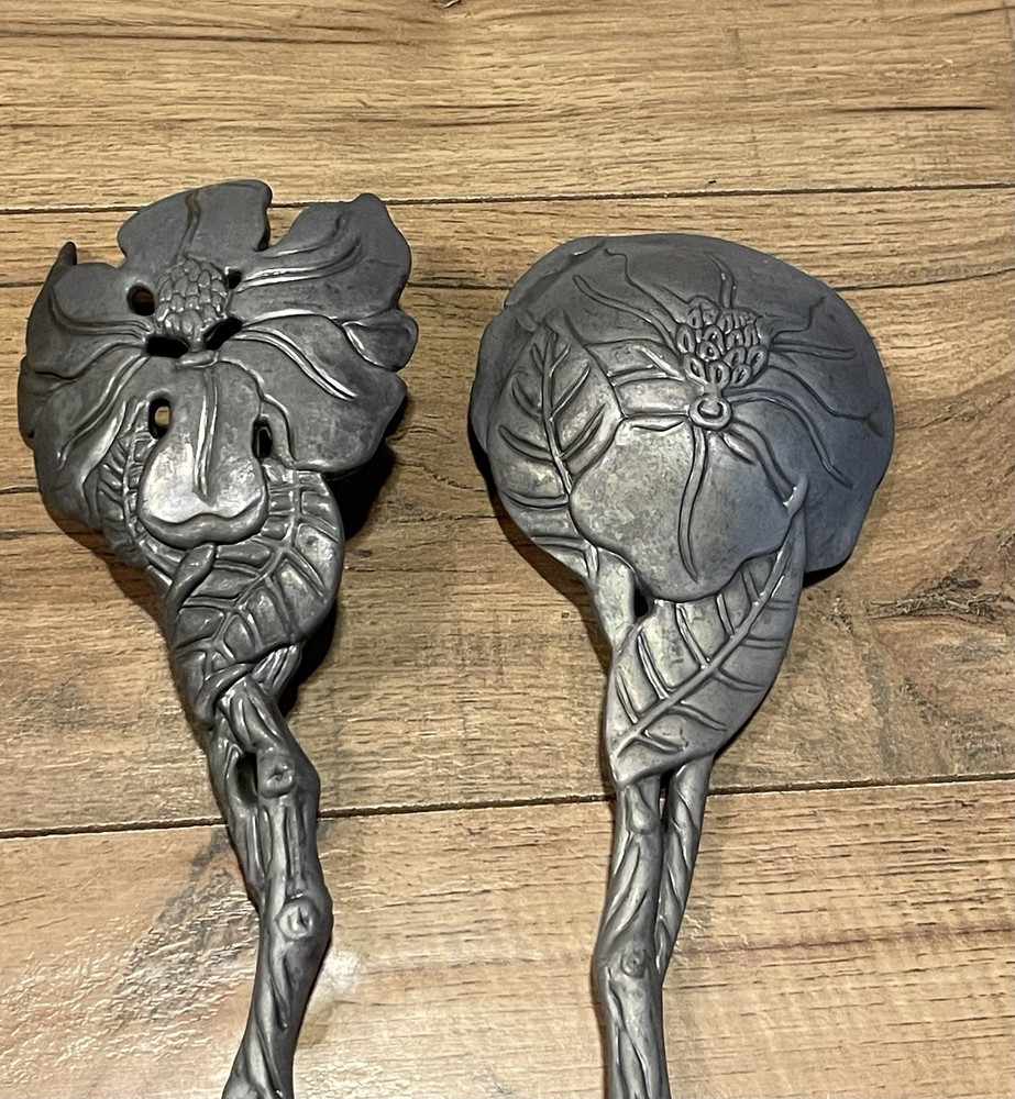 Aluminum "Magnolia" Serving Utensil Set Spoon & Fork Pair ~ EUC