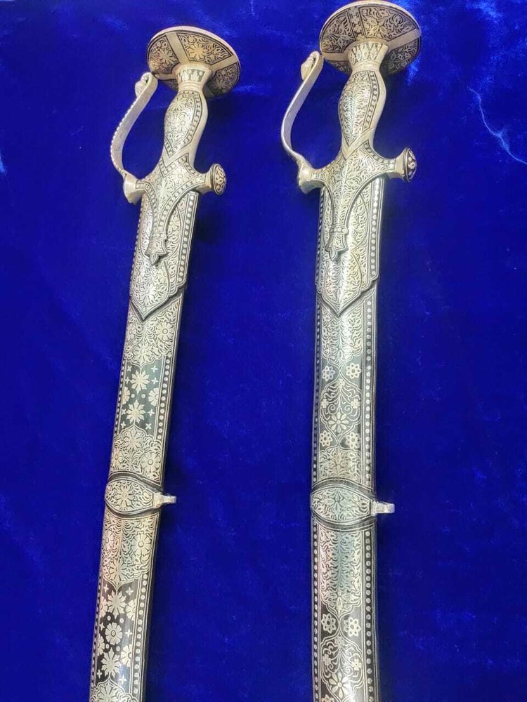 Handcrafted Indian Sword With Silver Koftgari Work Round Shape Handle