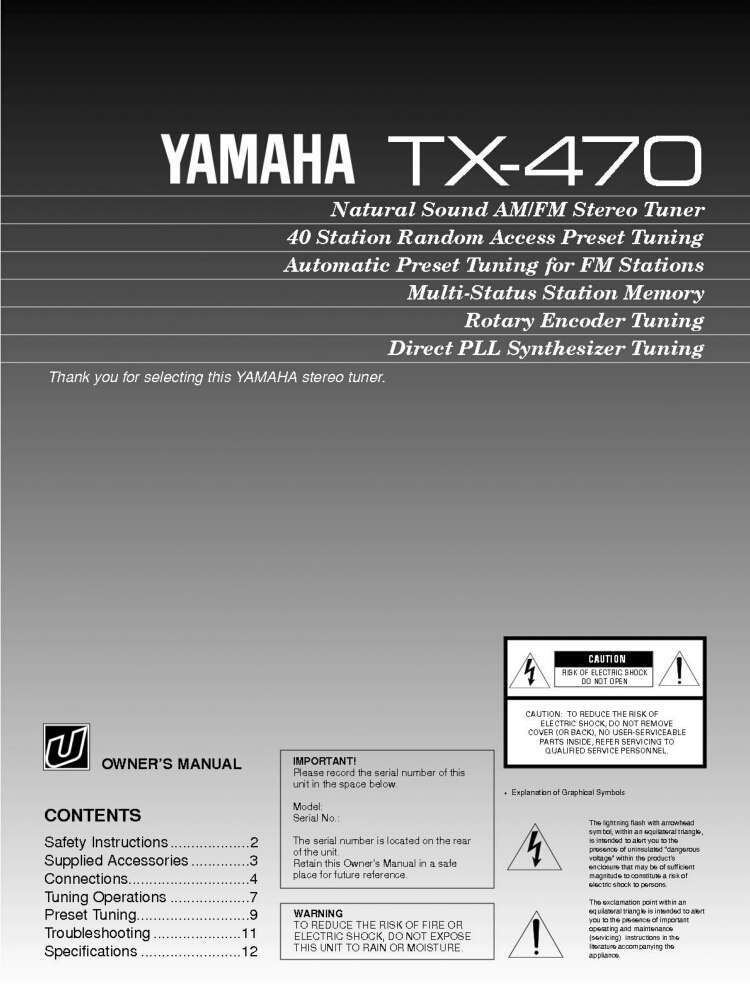 Yamaha TX-470 Tuner Owners Manual