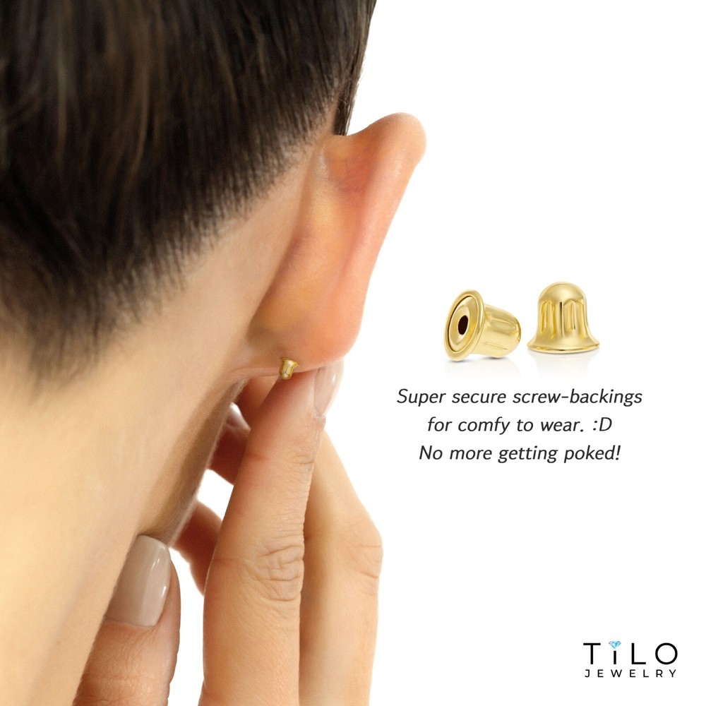 10K Solid Yellow Gold Solitaire Round CZ Sleeper Stud Earrings Screwback 2mm-8mm