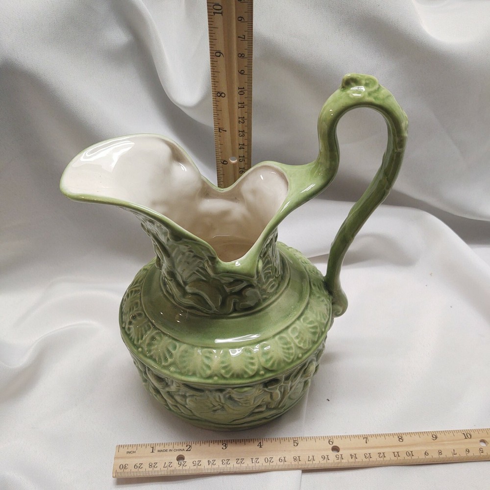 Green Ceramic Pitcher Embossed Glossy