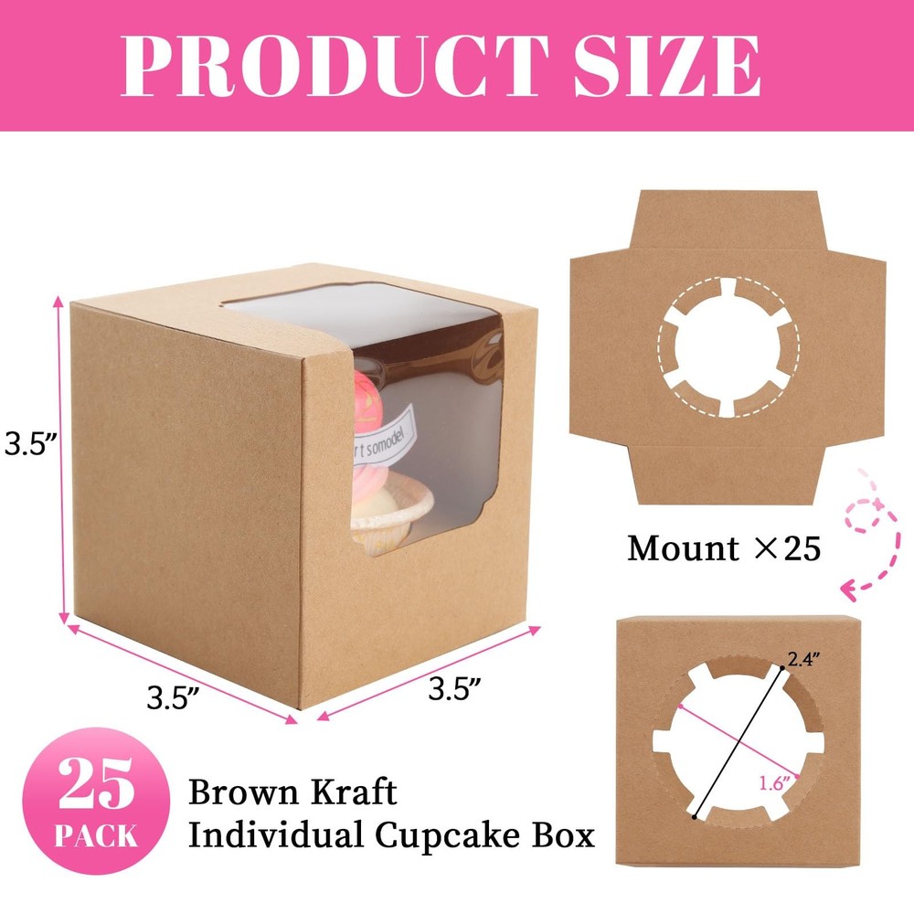 NPLUX 25 Pcs Cupcake Boxes Individual Cupcake Containers Pre-Assembled Single Cu