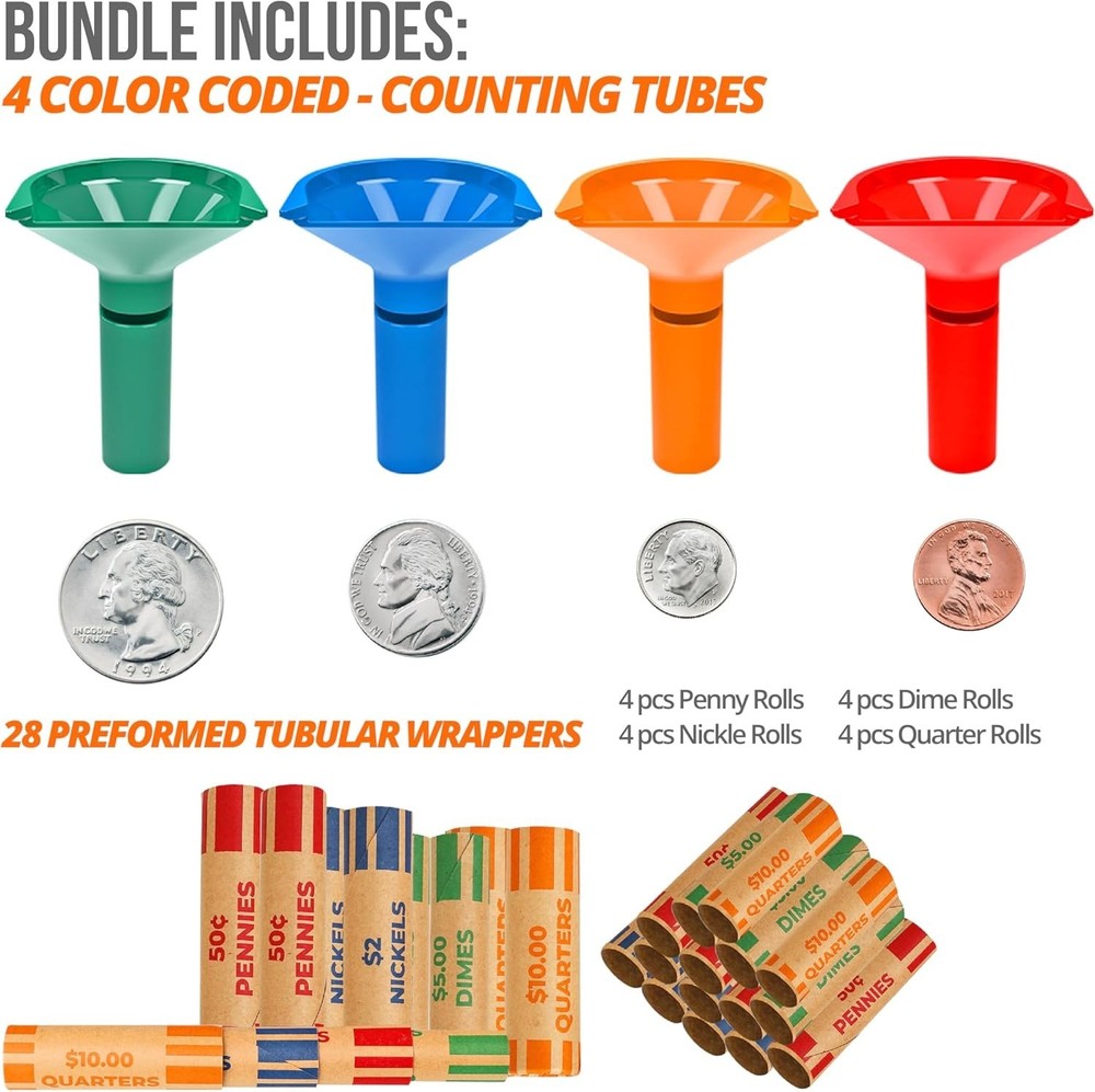 Effortless Coin Sorting – 4 Color Coded Tubes & 28 Preformed Wrappers Set
