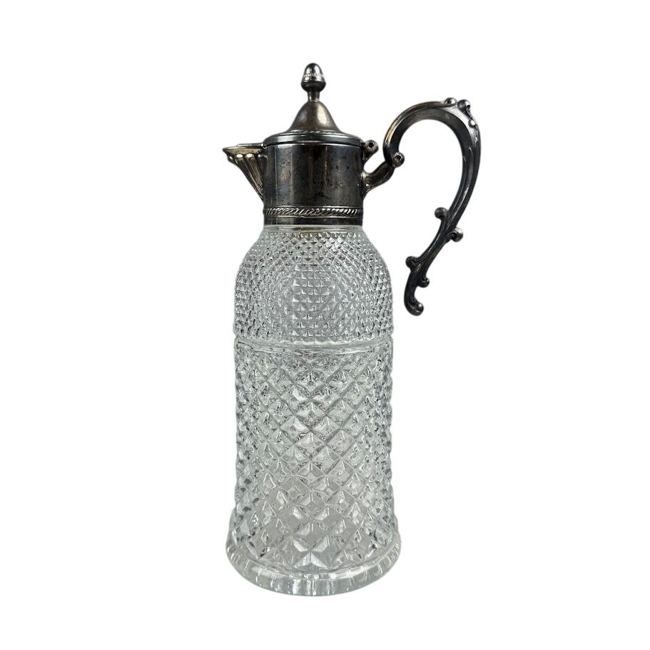 Vintage Diamond Cut Glass Pitcher with Silverplate Lid & Handle