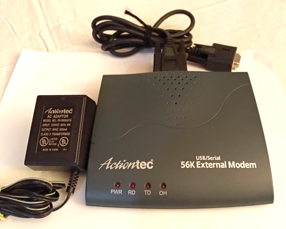 Actiontec USB/Serial 56K External Modem EX560LKU With Power Supply & Cable