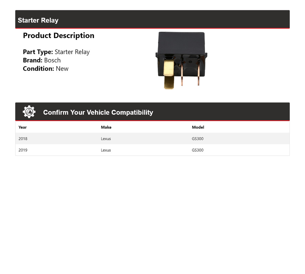 For 2018-2019 Lexus GS300 Bosch Starter Relay