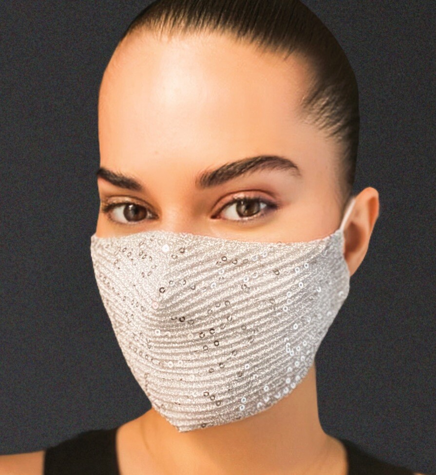 FACE MASK -Silver-SEQUIN-Cotton Interior-BREATHABLE-Washable Cloth -Adjustable