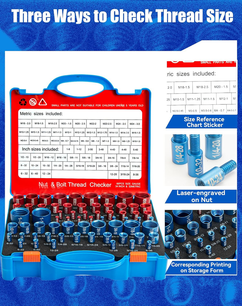 66 Nut and Bolt Thread Checker with Storage Box, Thread Checker Measuring Tool(3