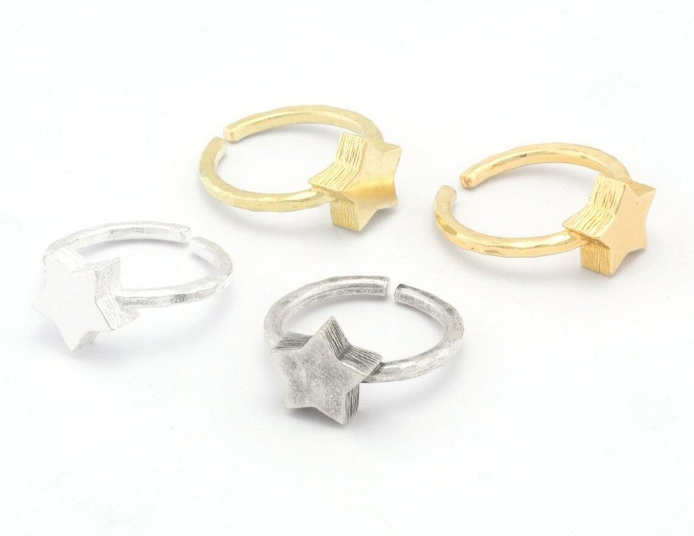 Star Brushed Edge Ring Base Adjustable Silver,Raw Brass,Shiny gold-silver 4684