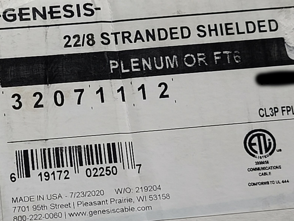 Southwire Genesis 3207 22/8C Shielded Plenum Control Cable CMP White /100ft