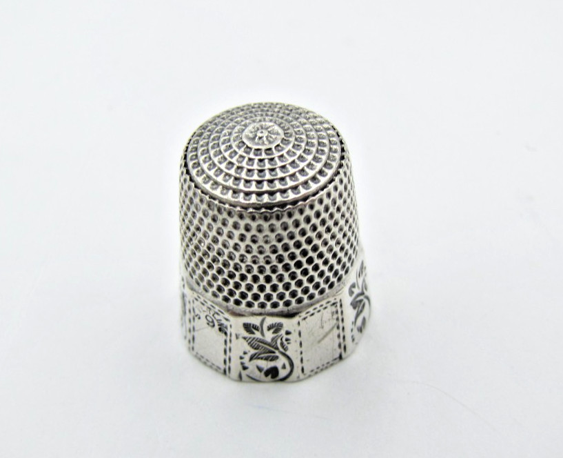 Size-9 Simons Bros. Sterling Silver Thimble Panel Etched Vintage Antique 19thC.