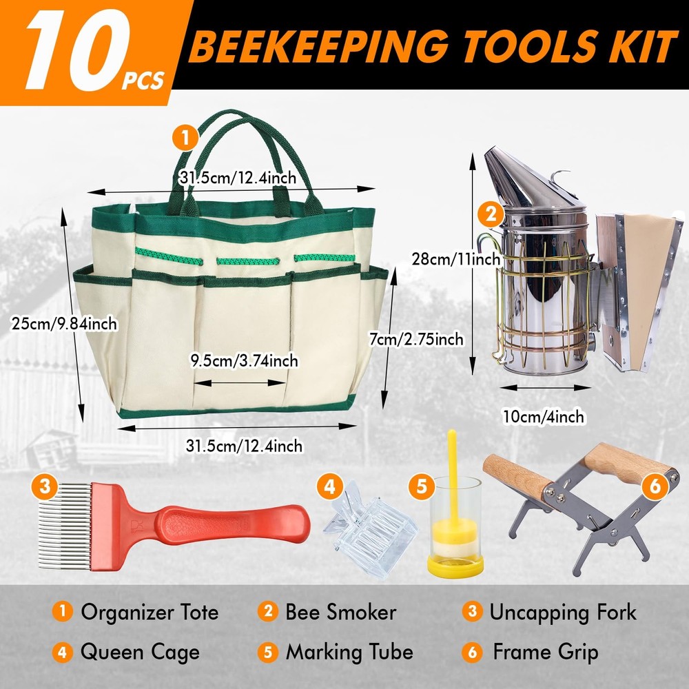 9 Pcs Beekeeping Tools Kit with Organizer Tote for Beekeepers, Necessary Beek...